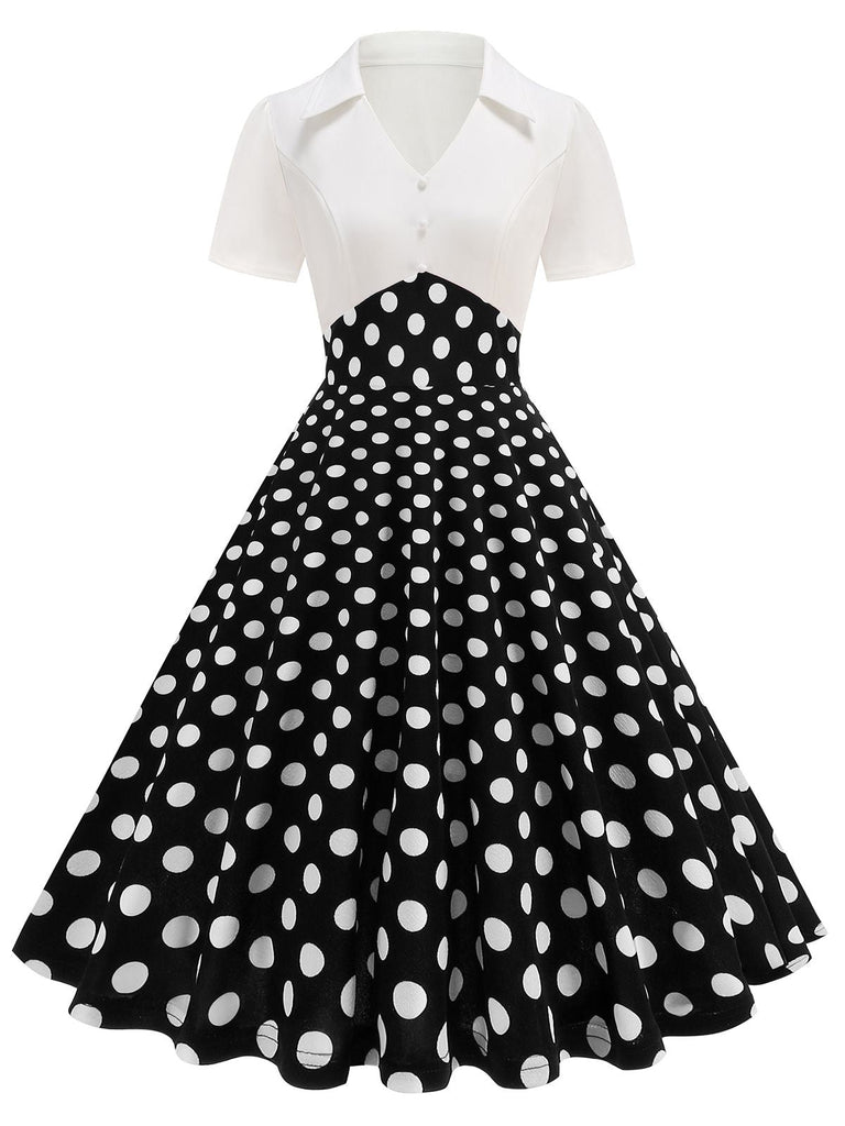 Robe trapèze à pois et revers des années 1950