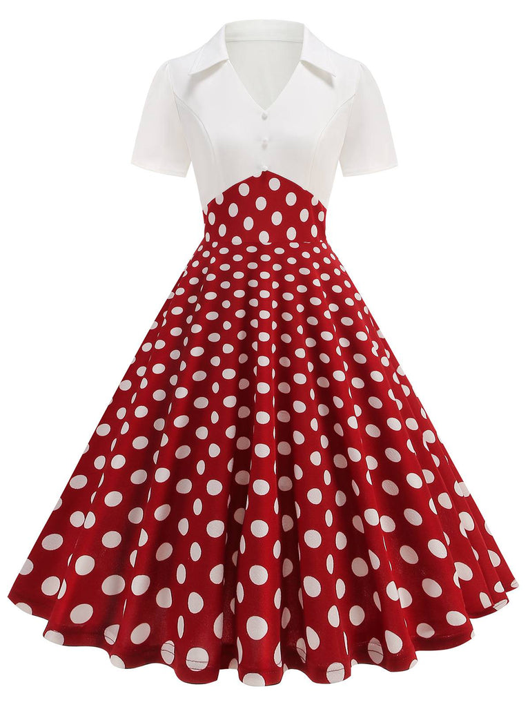 Robe trapèze à pois et revers des années 1950