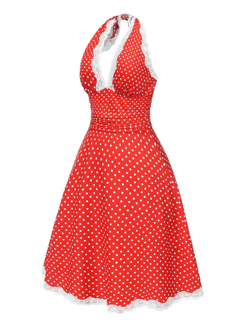 [Pré-vente] Robe dos nu en dentelle froncée à pois rouge des années 1950