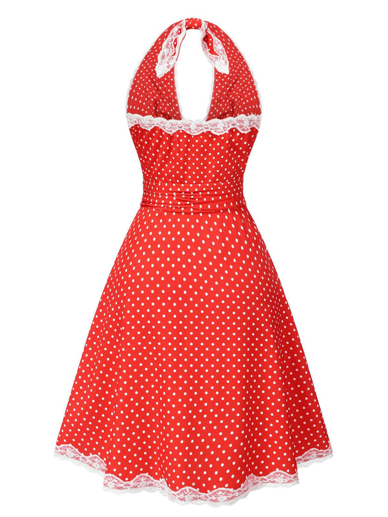 [Pré-vente] Robe dos nu en dentelle froncée à pois rouge des années 1950