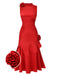 [Prévente] Robe rouge en satin roses 3D à volants col montant années 1930