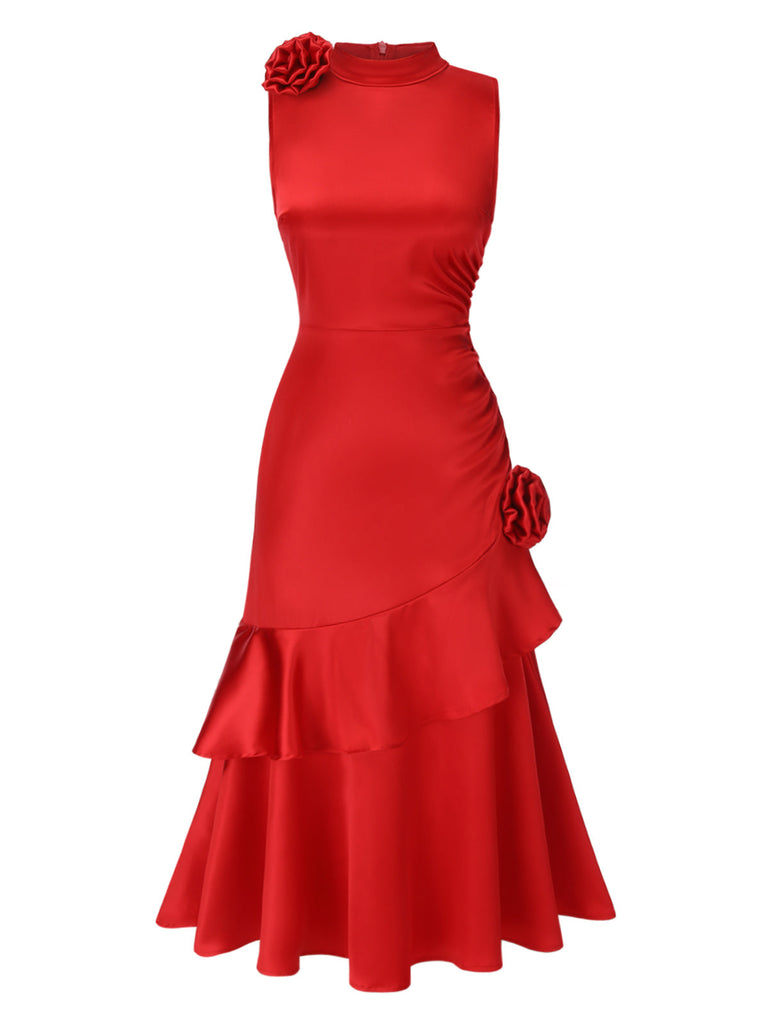 [Prévente] Robe rouge en satin roses 3D à volants col montant années 1930