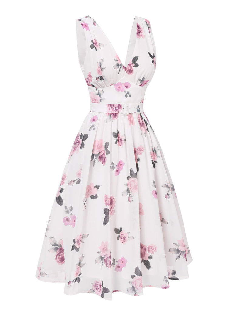 [Prévente] Robe rose en mousseline de soie roses col V profond des années 1940