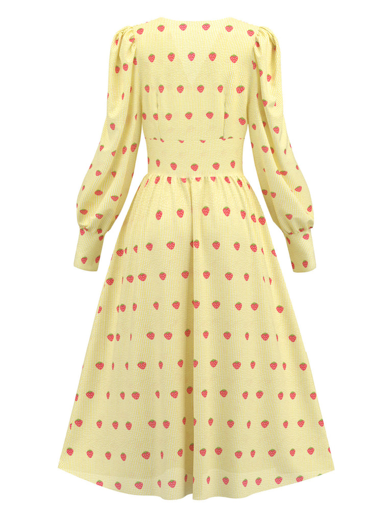 [Pré-vente] Robe jaune à col en V motif fraises des années 40