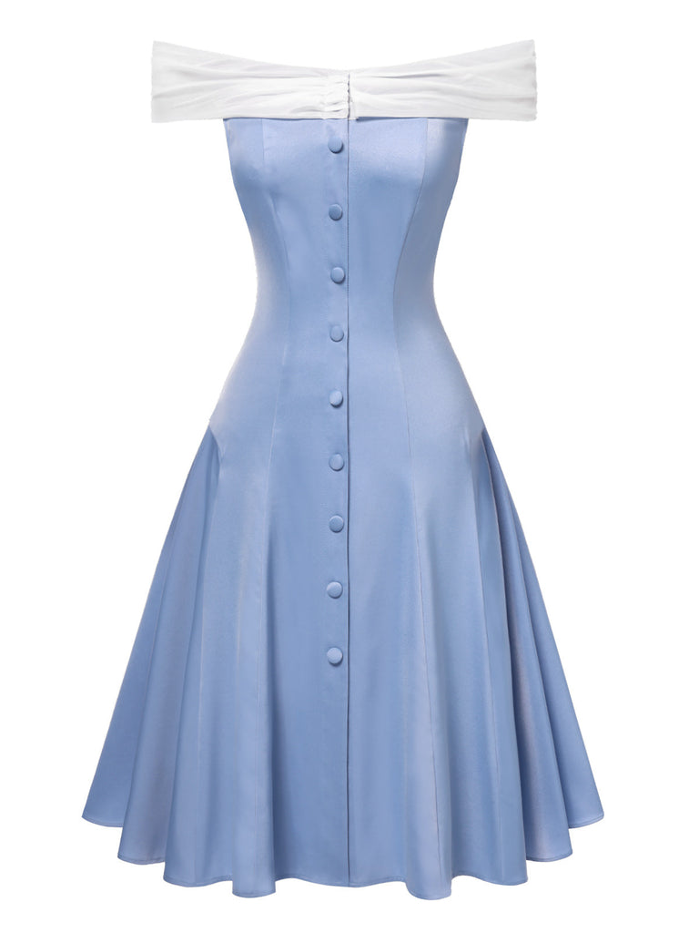 [Pré-vente] Robe patchwork en tulle bleu à épaules dénudées des années 1950