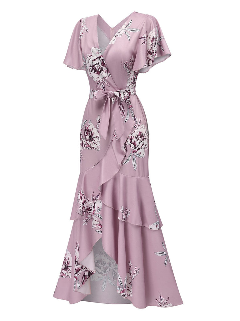 Robe sirène rose à manches évasées et fleurs des années 1930