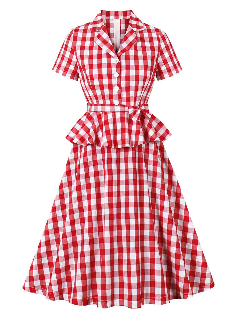 Robe rouge à carreaux vichy en pur coton avec ceinture des années 1950