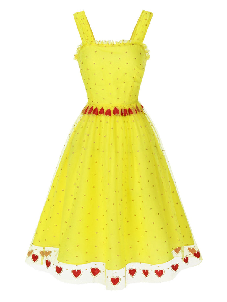 [Prévente] Robe jaune à bretelles en maille cœur pailletée des années 1950