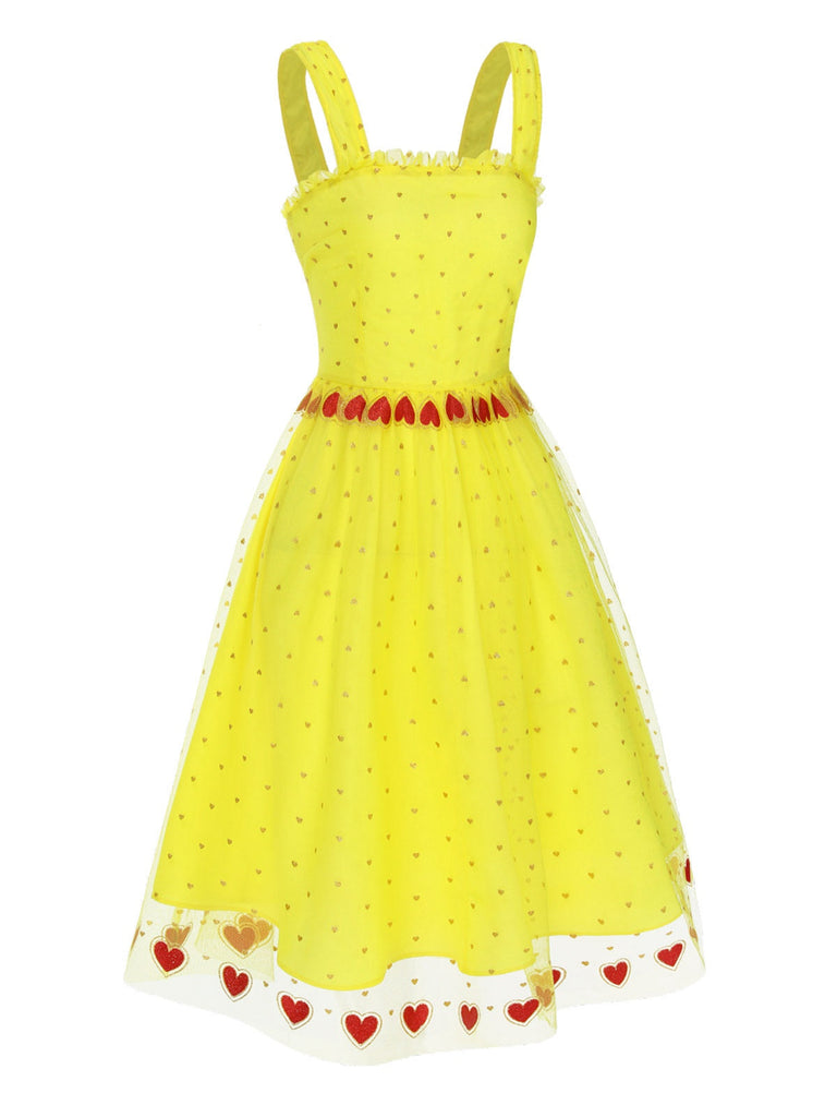 [Prévente] Robe jaune à bretelles en maille cœur pailletée des années 1950