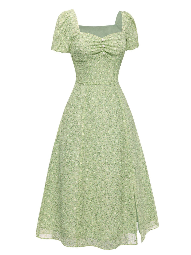 [Prévente] Robe verte à petites fleurs col cœur des années 1940