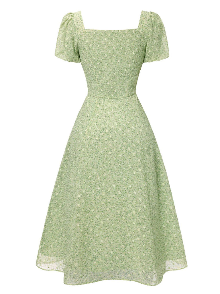 [Prévente] Robe verte à petites fleurs col cœur des années 1940