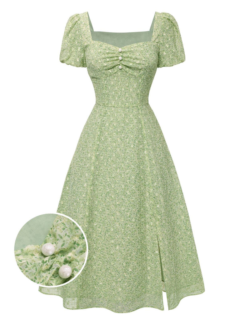 [Prévente] Robe verte à petites fleurs col cœur des années 1940