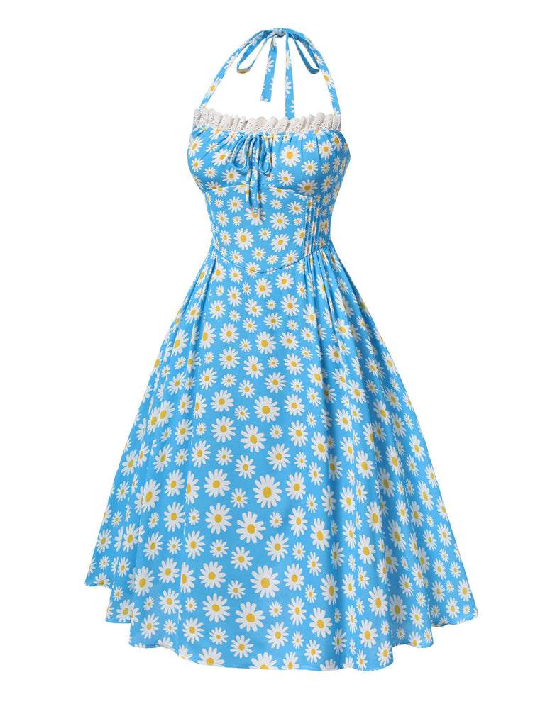 [Prévente] Robe dos nu marguerites bleue avec bordure en dentelle des années 1950