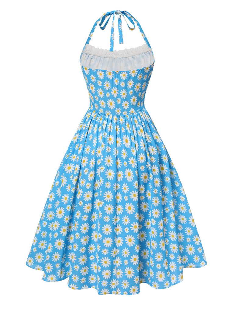 [Prévente] Robe dos nu marguerites bleue avec bordure en dentelle des années 1950