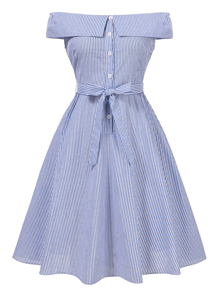 [Pré-vente] [Grande taille] Robe années 1950 en coton rayures bleu épaules dénudées