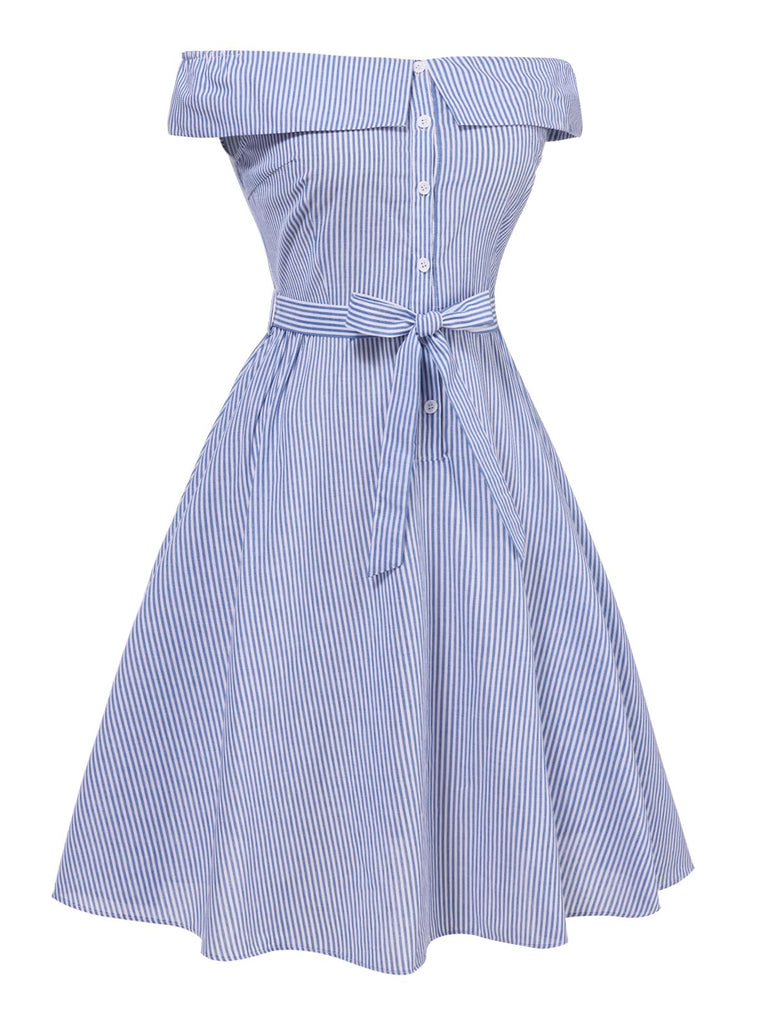 [Pré-vente] [Grande taille] Robe années 1950 en coton rayures bleu épaules dénudées