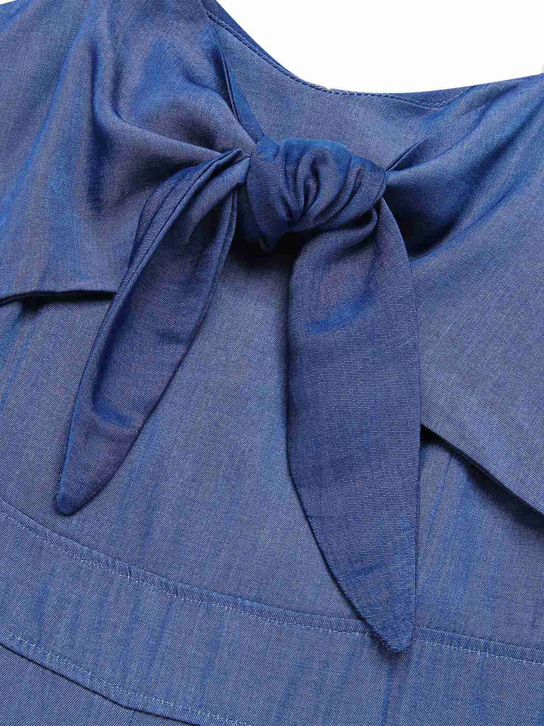 Combinaison nouée en denim Tencel bleu uni des années 1930