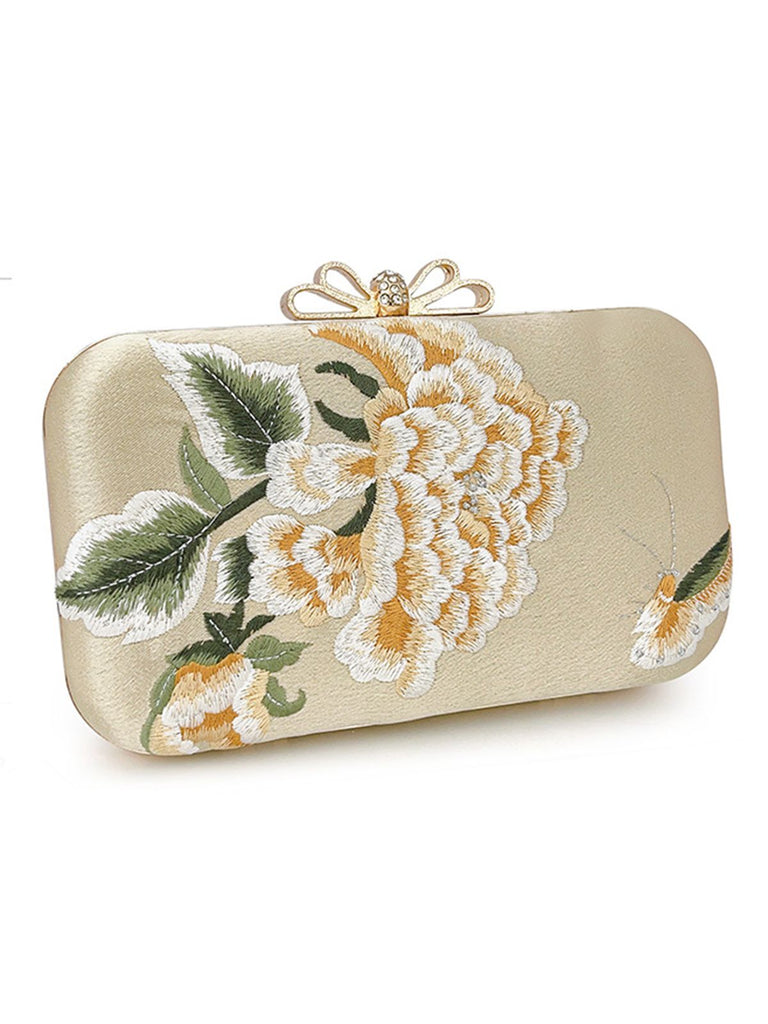 Pochette brodée pivoine vintage dorée