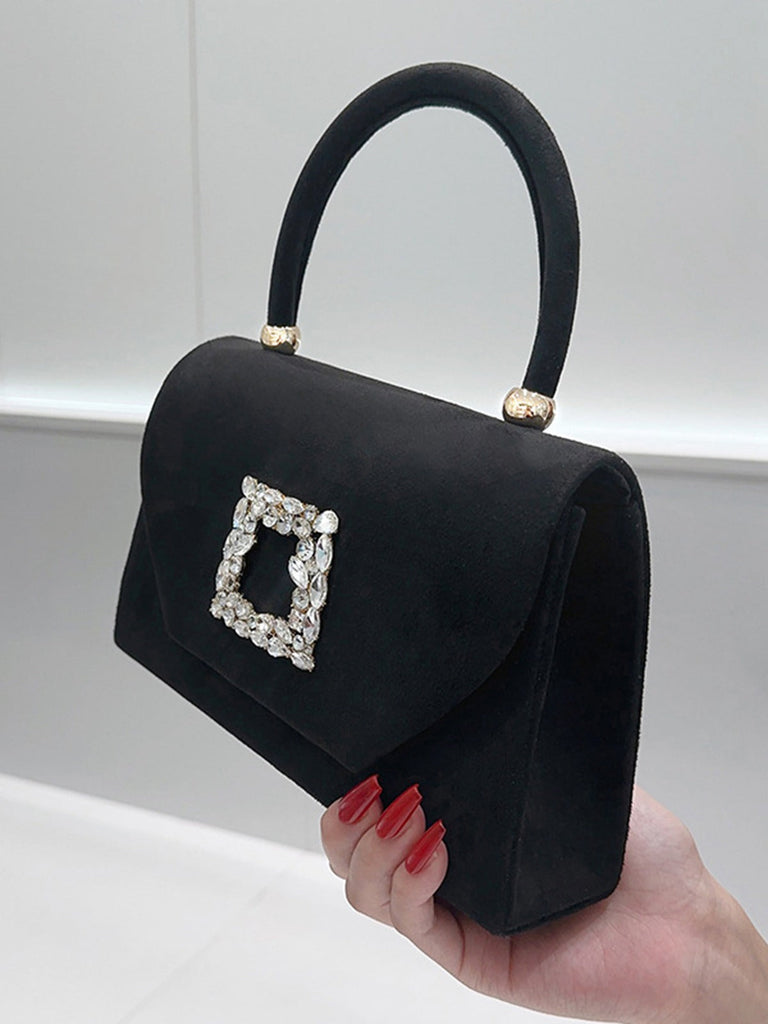 Pochette enveloppe noire avec poignée supérieure et strass