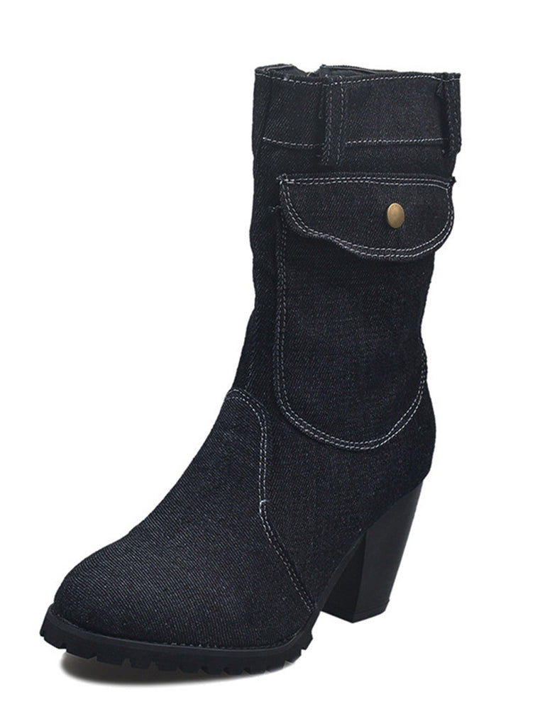 Bottes mi-mollet zippées à bout rond en denim