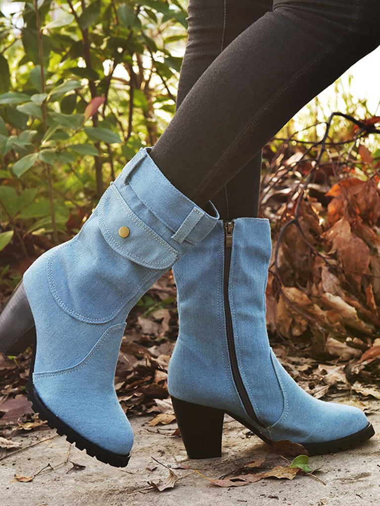 Bottes mi-mollet zippées à bout rond en denim