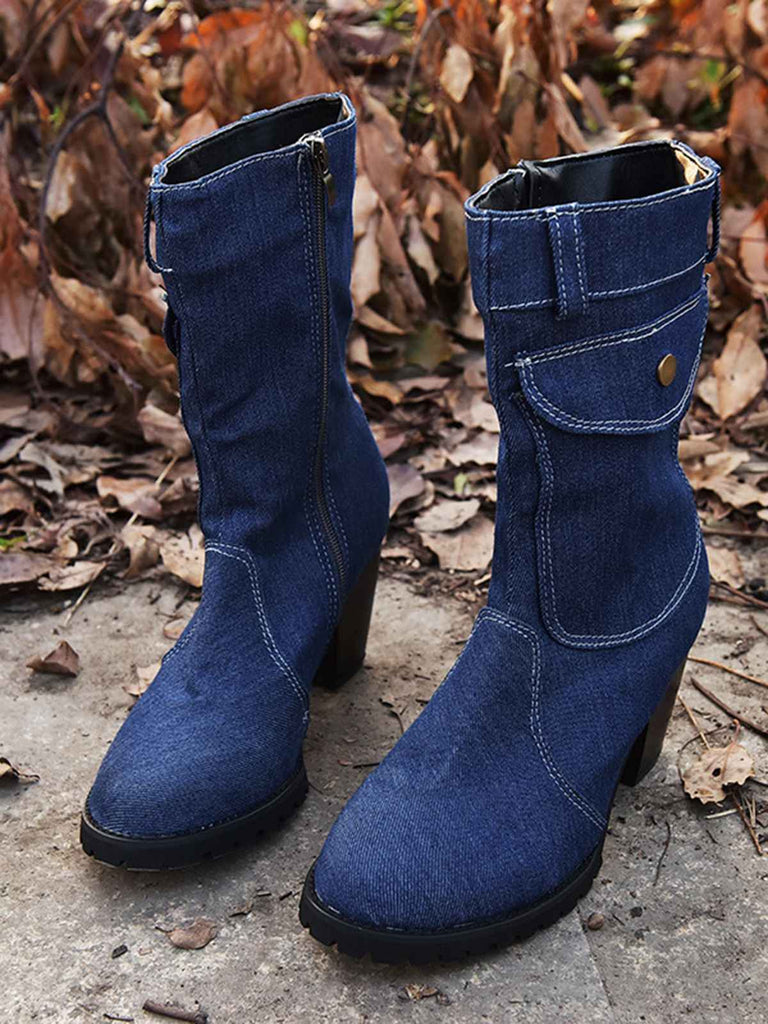 Bottes mi-mollet zippées à bout rond en denim