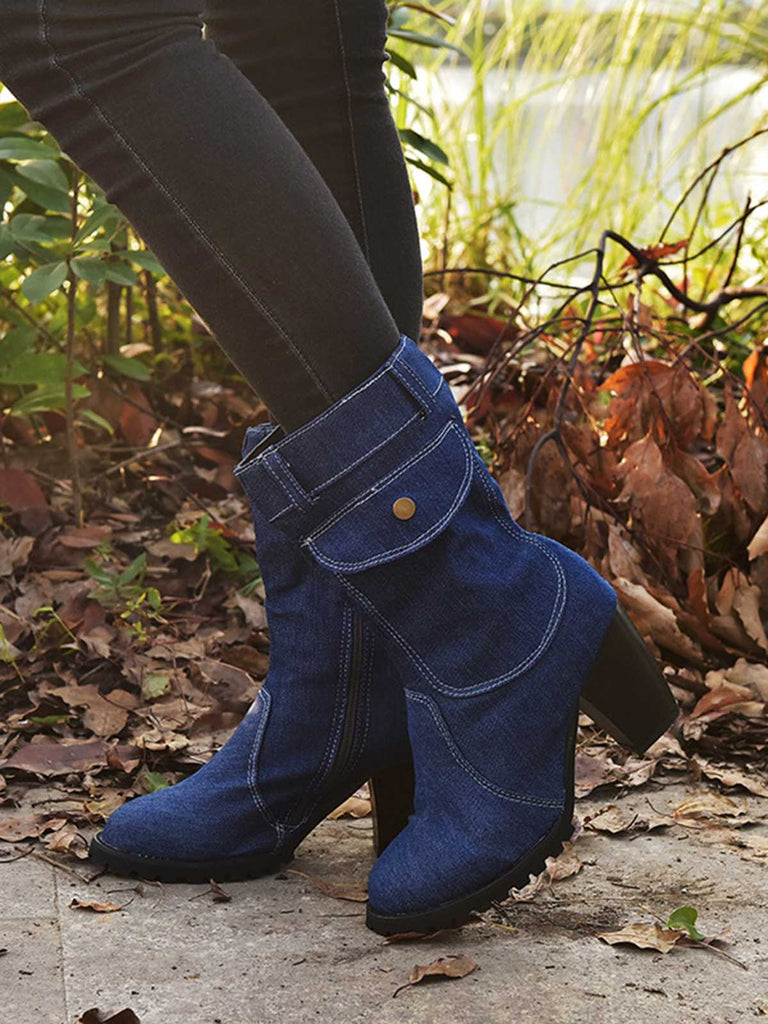 Bottes mi-mollet zippées à bout rond en denim