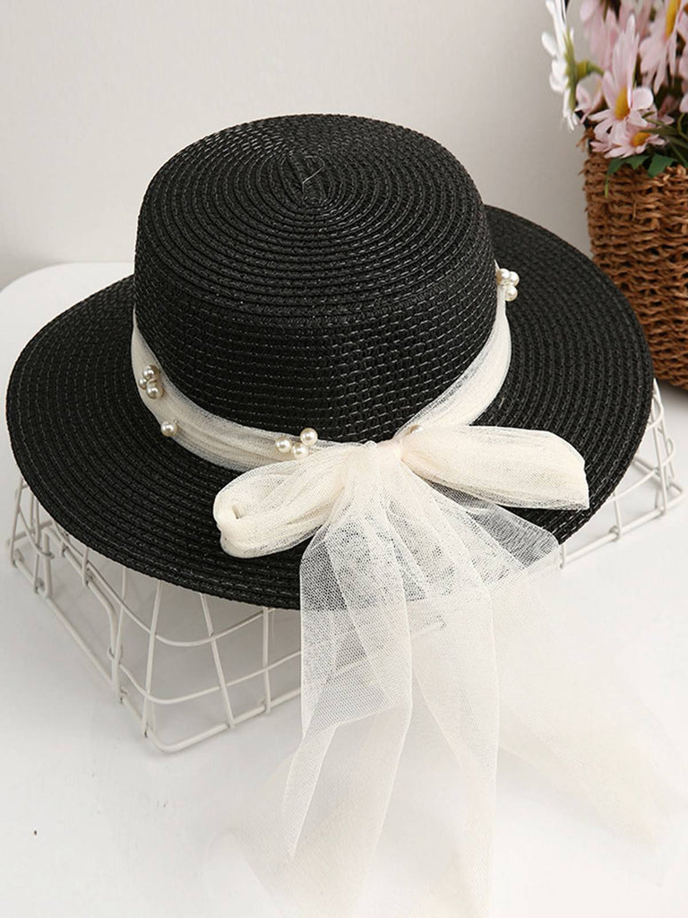 Chapeau Ruffia en ruban transparent et perles vintage