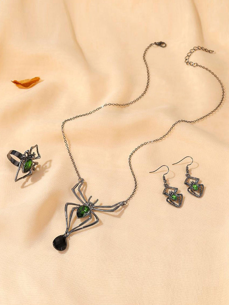 3PCS collier et boucles d'oreilles et bague araignée verte