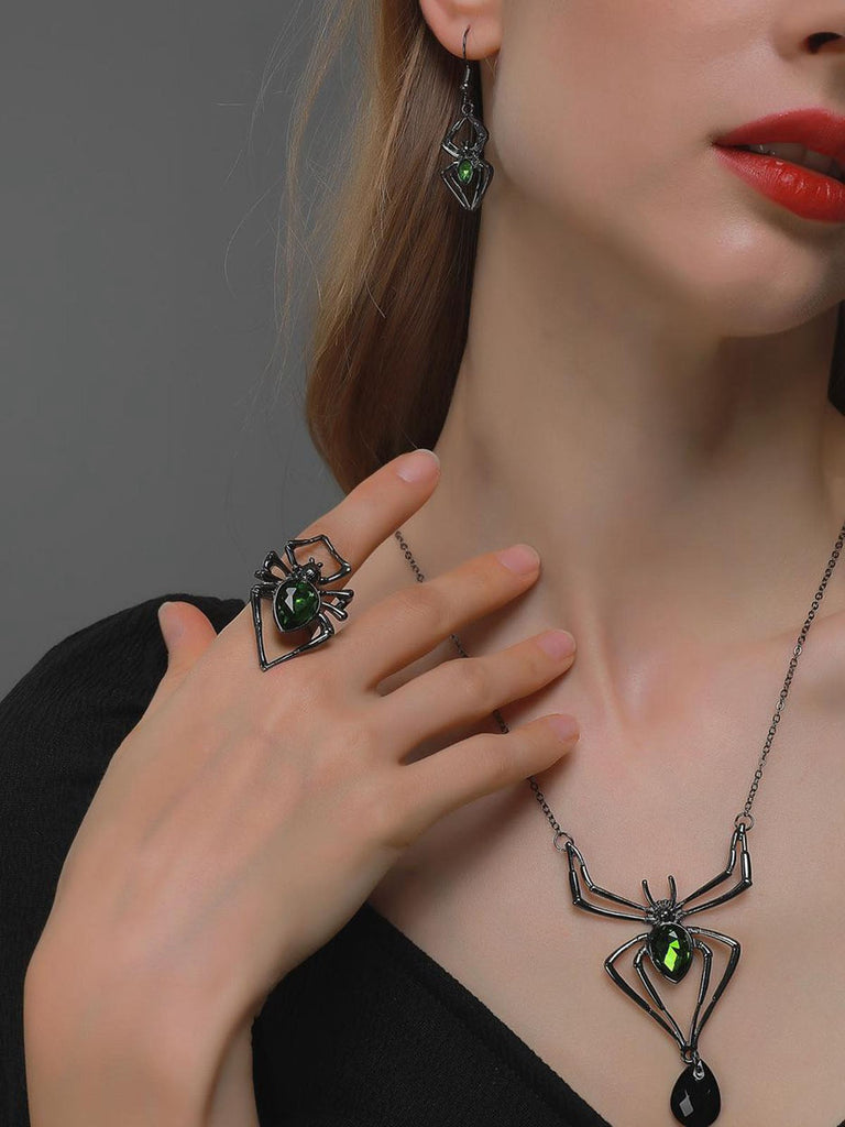 3PCS collier et boucles d'oreilles et bague araignée verte