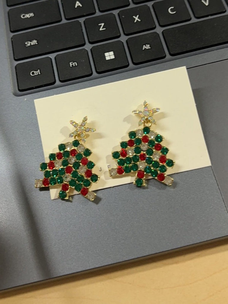 Boucles d'oreilles sapin de Noël vert et strass étoiles