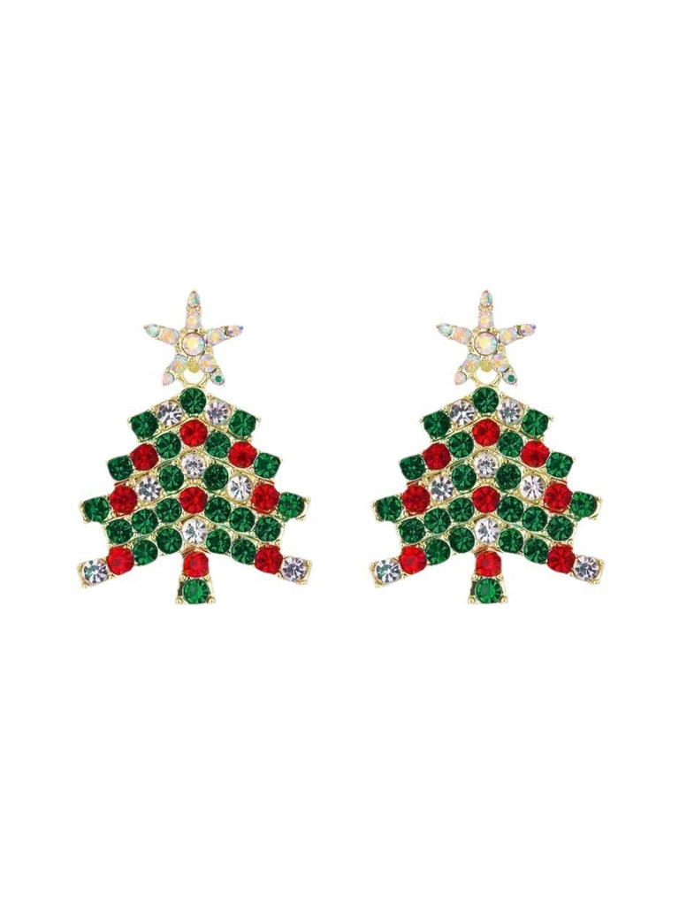 Boucles d'oreilles sapin de Noël vert et strass étoiles