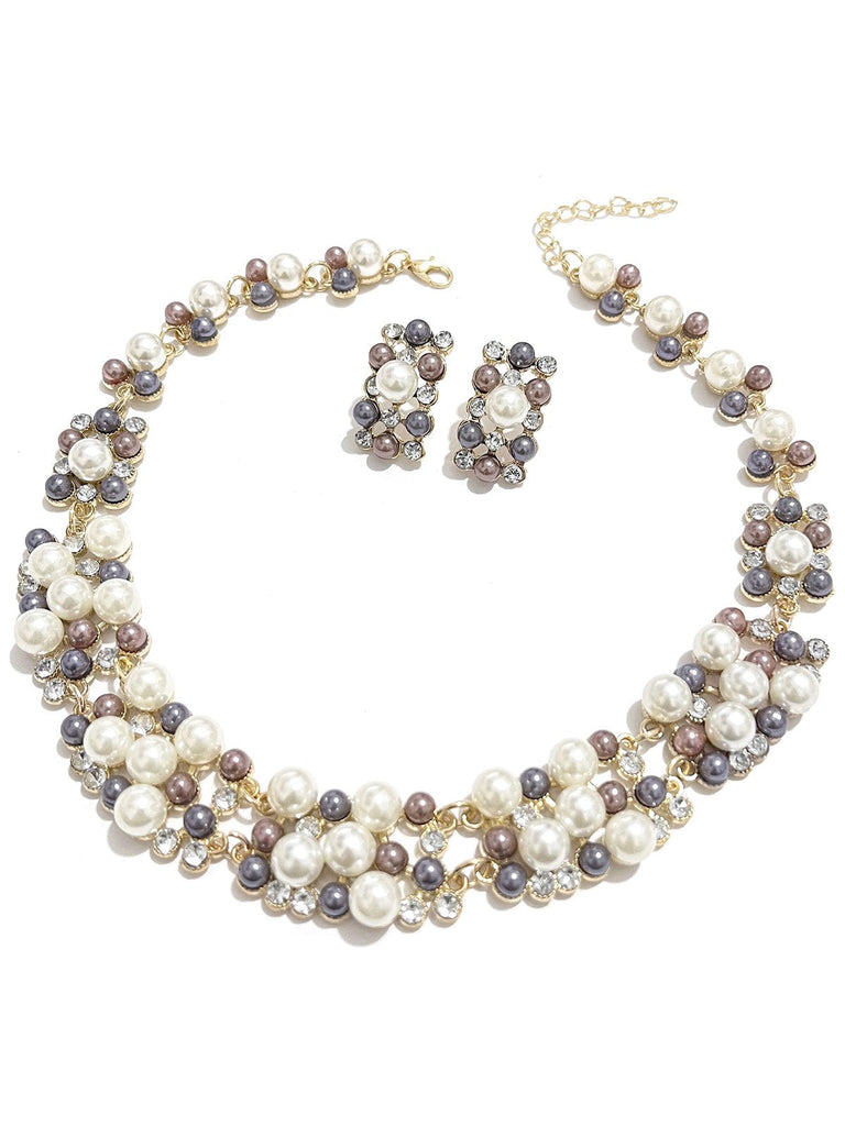 Ensemble collier et boucles d'oreilles en perles d'imitation avec strass