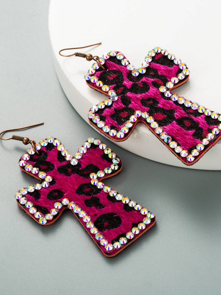 Boucles d'oreilles pendantes en forme de croix avec strass léopard