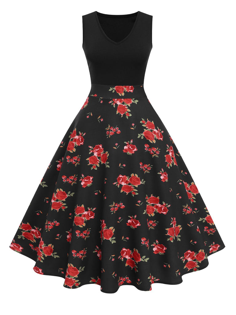 [Pré-vente] Robe Noir Rouge Année 50 Trapèze Florale Soirée Cocktail