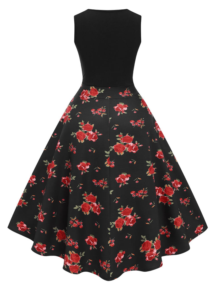 [Pré-vente] Robe Noir Rouge Année 50 Trapèze Florale Soirée Cocktail