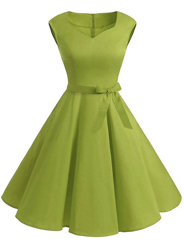 [Pré-vente] Robe Vert Année 50 Évasée Solide Ceinture Soirée Cocktail Pin Up