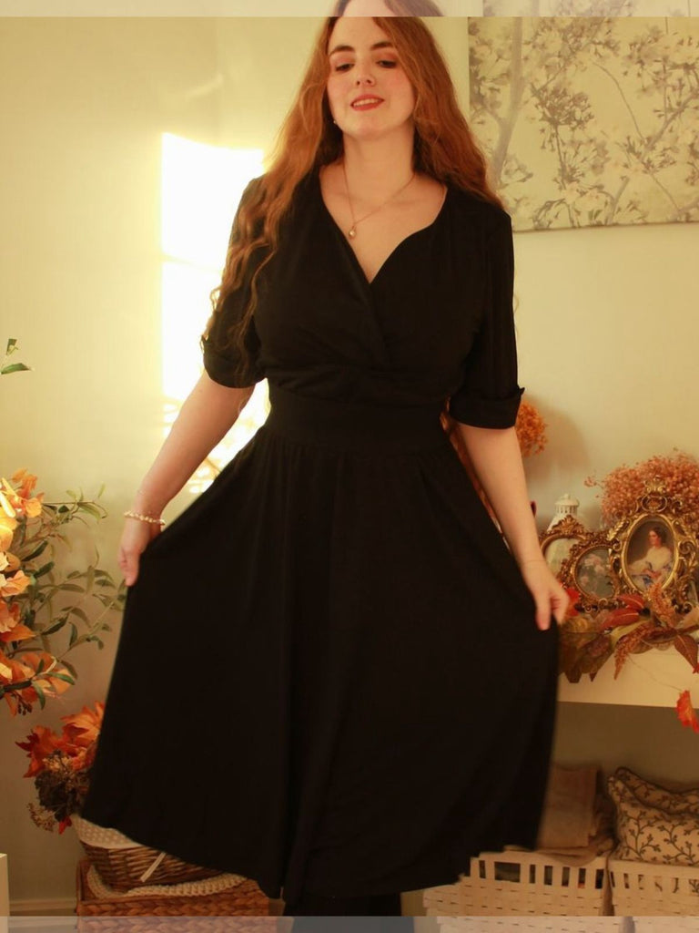 Robe Noir Vintage Année 50 Vintage Demi-manches Col V Cocktail