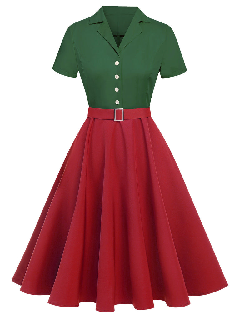 Robe boutonnée de Noël verte et rouge des années 1950