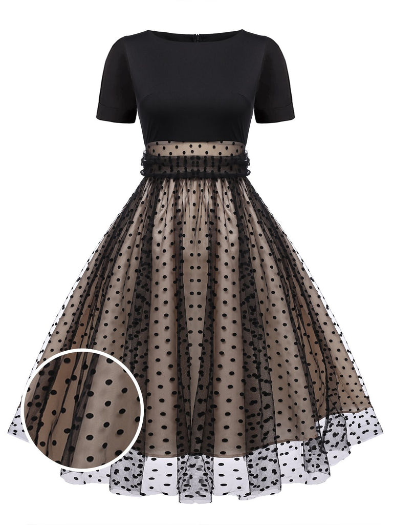 Robe trapèze noire à pois vintage des années 1950 avec ensemble d'accessoires