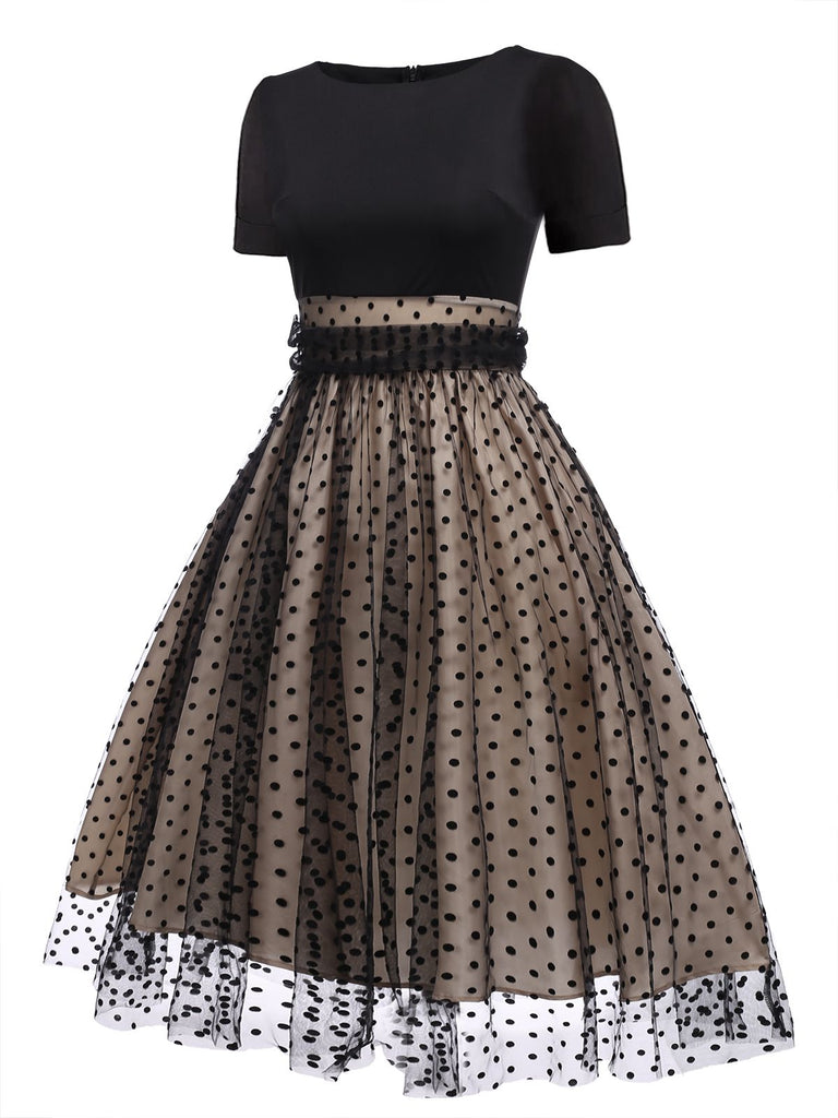 Robe trapèze noire à pois vintage des années 1950 avec ensemble d'accessoires