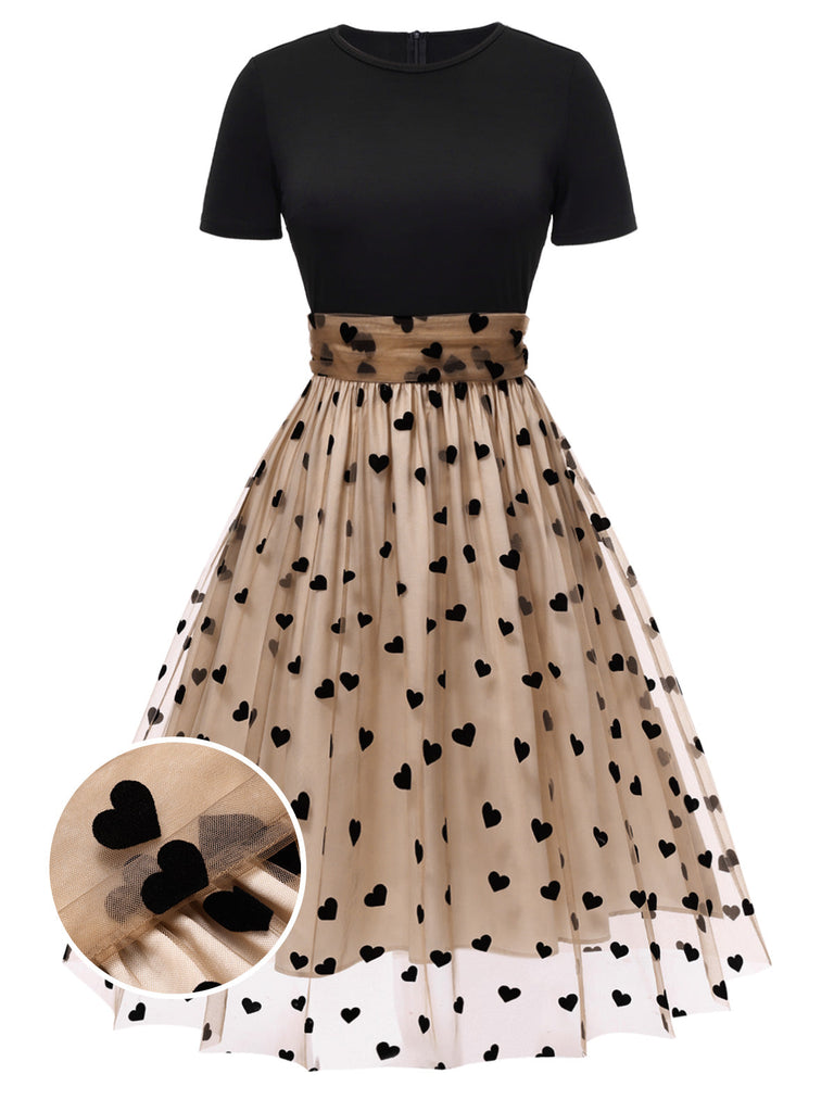 [Prévente] Robe Swing Vintage Année 50 Noire à Pois de Cœur Cocktail Pin Up