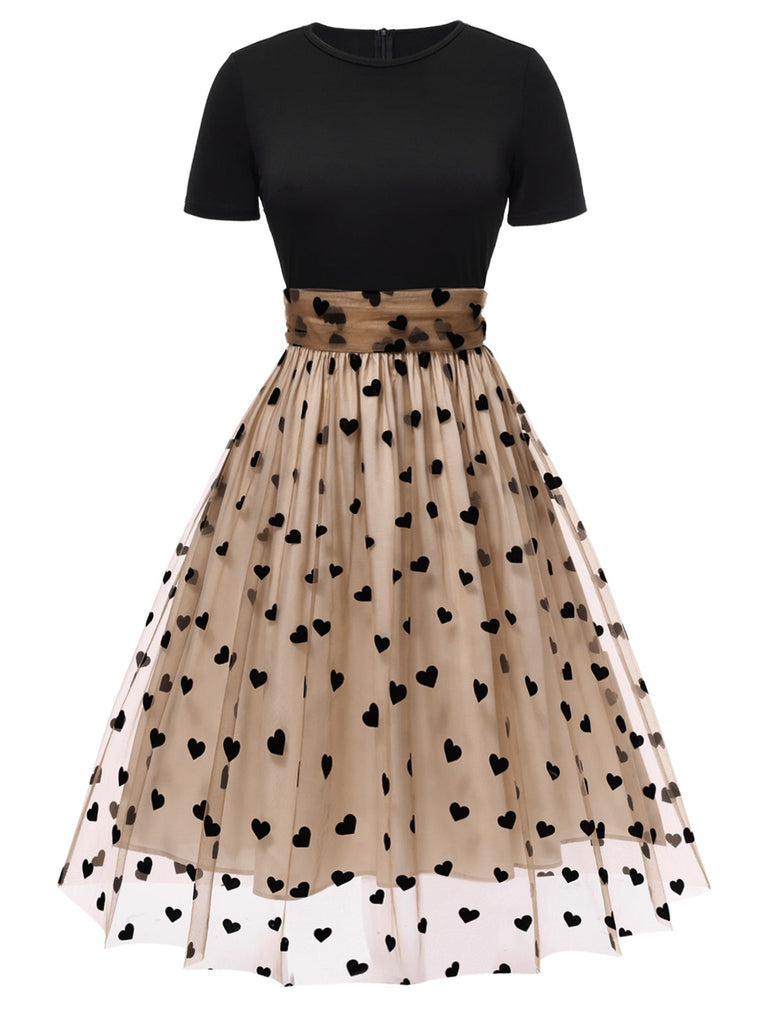 [Prévente] Robe Swing Vintage Année 50 Noire à Pois de Cœur Cocktail Pin Up