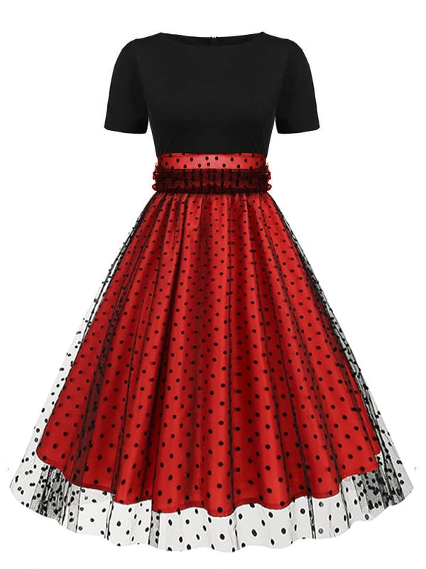 Robe trapèze vintage à pois rouge des années 1950 Cocktail