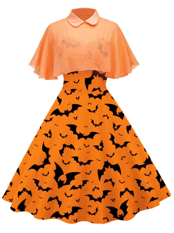 Robe Swing Années 50 avec Cape Chauve-Souris Orange Halloween