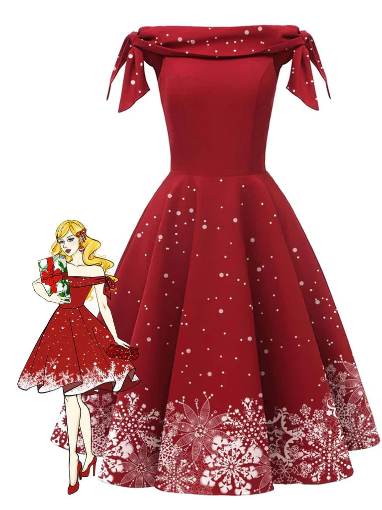 Robe Épaules Dénudées Flocon Neige Rouge Années 1950