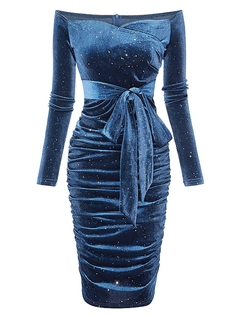 Robe en velours à épaules dénudées bleu des années 1960