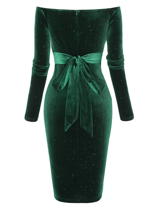 Robe en velours à épaules dénudées bleu des années 1960