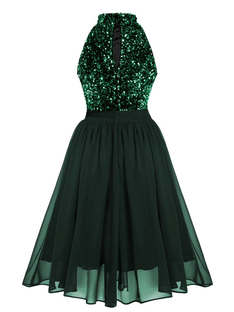 Robe patchwork à paillettes verte des années 1950