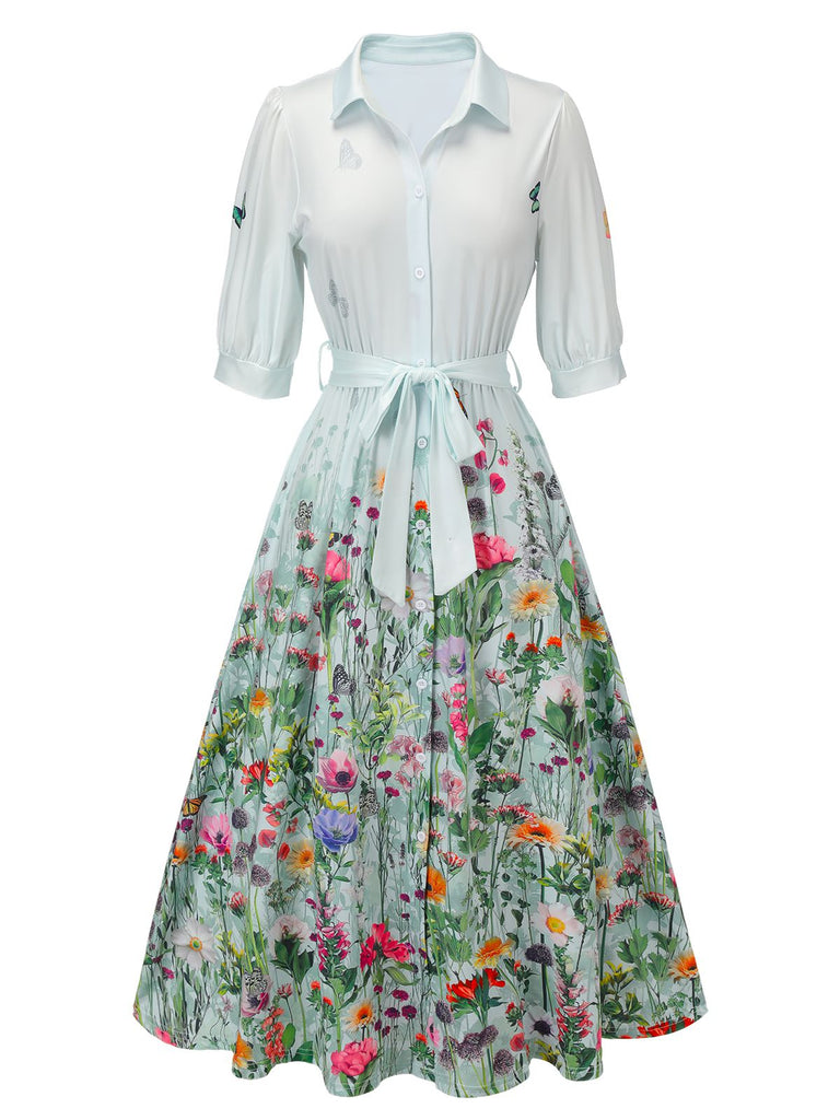 Robe chemise bleu clair à ceinture florale des années 1940